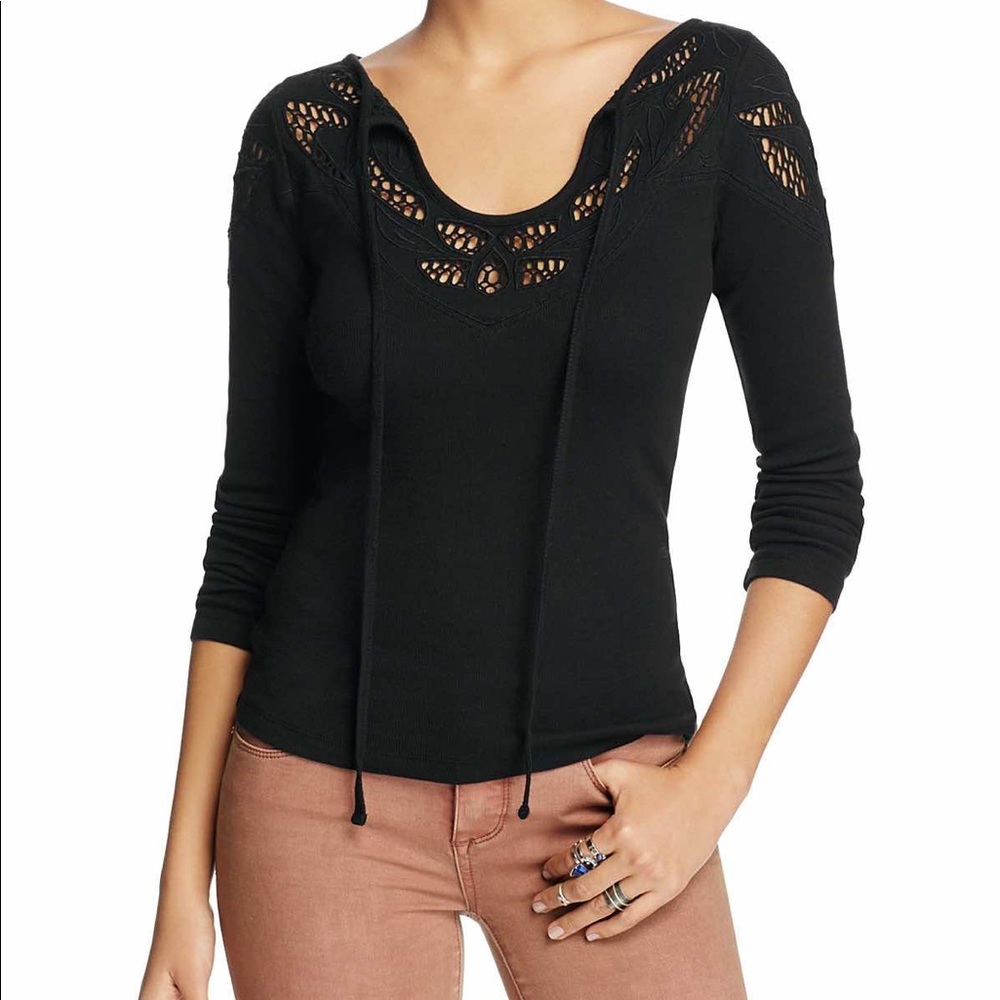{Free People} Embroidered Yoke Long Sleeve Tee